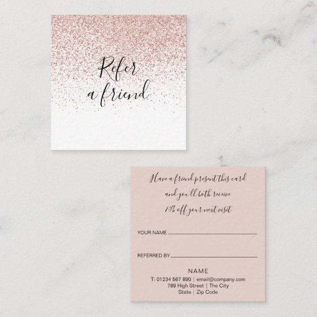Cartão De Indicação Elegante Rosa Dourado Brilho Script Cliente (Frente/Verso)