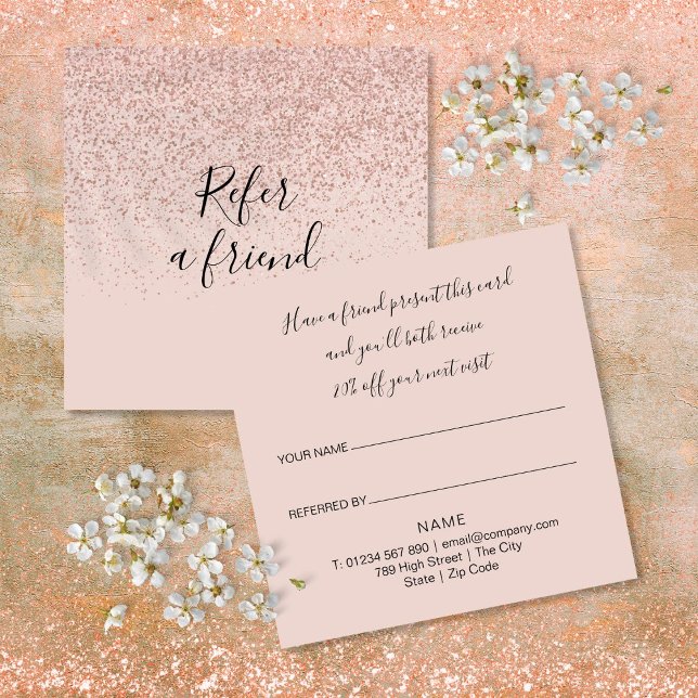 Cartão De Indicação Elegante Script Moderno Cliente Brilho Dourado Ros (Elegant Modern Script Rose Gold Glitter Customer Referral Card)