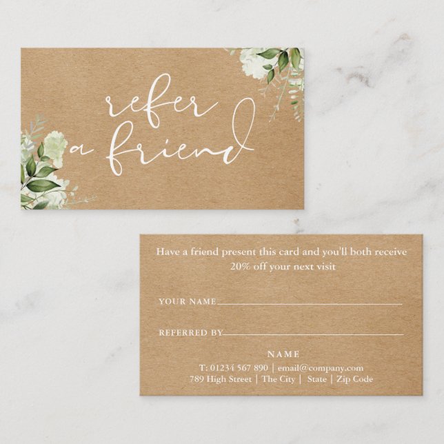Cartão De Indicação Elegante Script Vegetação Floral Kraft Rústico (Frente/Verso)