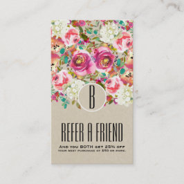 Cartão De Indicação Florais Elegantes Rústicos Kraft Monograma Shabby 