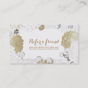 Cartão De Indicação Floral Botânico Glam Branco & Dourado Vintage Mode