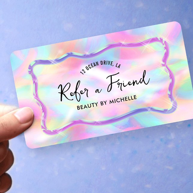 Cartão De Indicação Holographic Neon Colors Refer A Friend Girly (Neon colors Refer a Friend cards with holographic style background and trendy fonts)