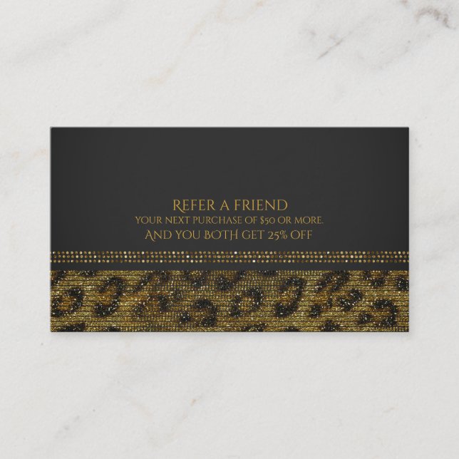 Cartão De Indicação Leopard Brilho Lantejoulas Glam Chic Indique um Am (Frente)