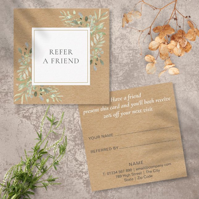 Cartão De Indicação Moderno Elegante Rustic Kraft Greenery (Modern Elegant Rustic Kraft Greenery Referral Card)