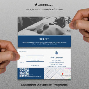 Cartão De Indicação Nova premiação de cliente branca e azul moderna