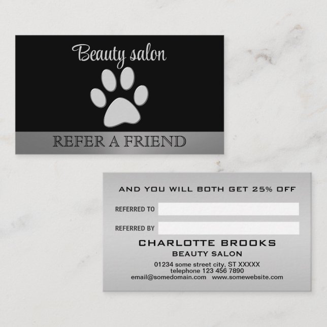 Cartão De Indicação Pata de Cachorro de Prata sobre fundo preto (Frente/Verso)