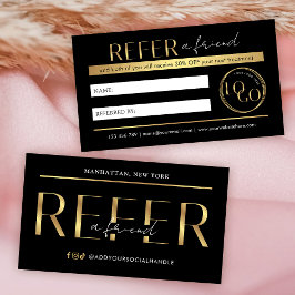 Cartão De Indicação Refer A Friend Modern Black & Gold Logo Salon Spa