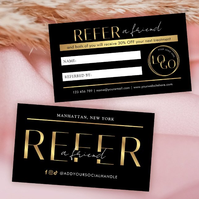 Cartão De Indicação Refer A Friend Modern Black & Gold Logo Salon Spa (Black and gold refer a friend business cards with your custom logo and referral discount offer)