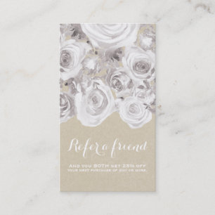 Cartão De Indicação Rosas Rústicas Brancas de Inverno Kraft Floral Chi