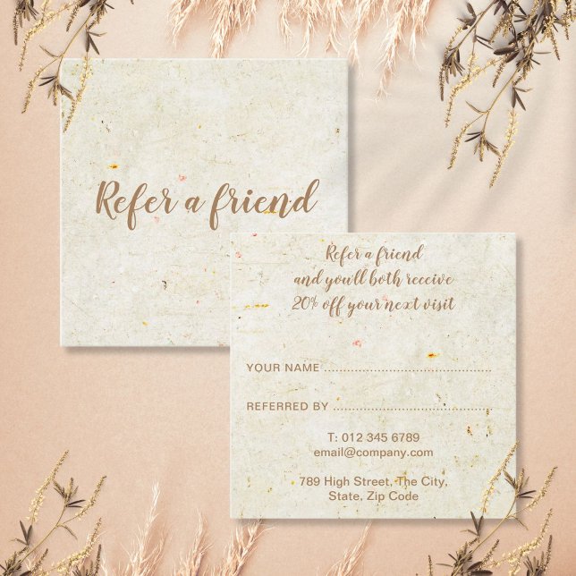 Cartão De Indicação Rústico Antigo Boho Elegante Script (Antique Rustic Boho Elegant Script Referral Card)