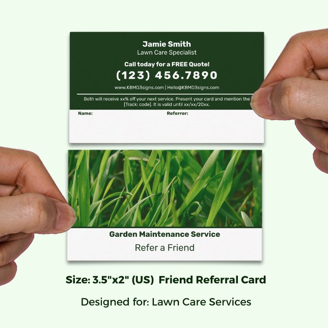 Cartão De Indicação Serviço de Gramado com Imagem Personalizada Verde  (Basic Green & White Custom Image Lawn Service Referral Card; Size: 3.5x2 Inch)