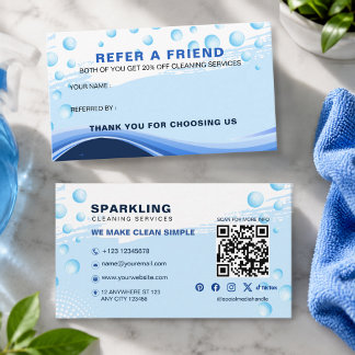 Cartão De Indicação Serviço de Limpeza Profissional Azul Branco Modern