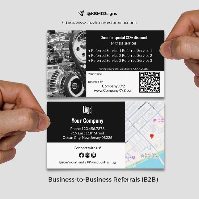 Cartão De Indicação Serviços B2B sofisticados Código QR preto e branco (Sophisticated B2B Services QR Code Black & White Referral Card, Business to Business Collaboration)
