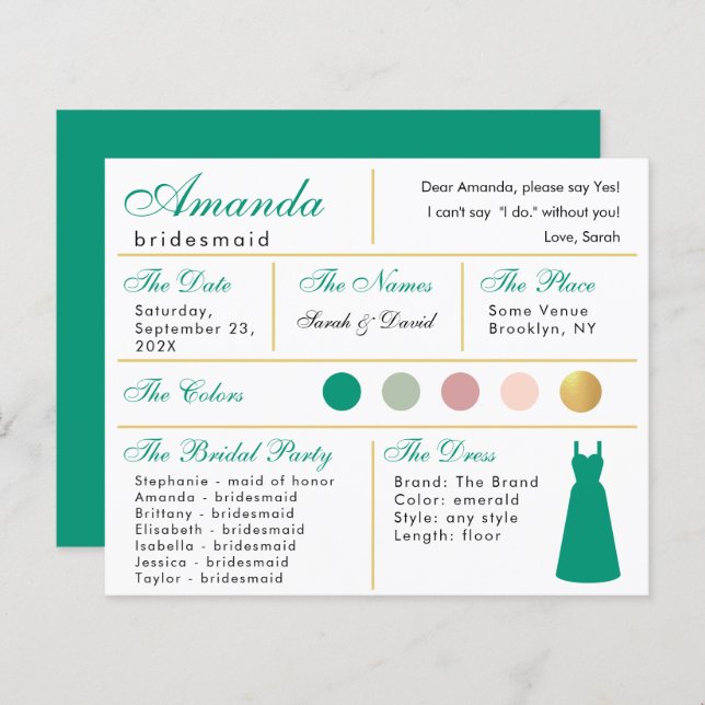 Cartão de Informação de Bridesmaid Emerald Green D (Frente/Verso)