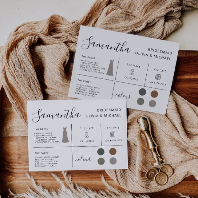 Cartão de Informação de Bridesmaid, Parte Bridal (Bridesmaid Information Card, Bridal Party Invitation)