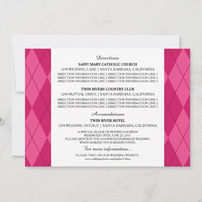 Cartão de Informação de Casamento Pink Argyle (Frente)