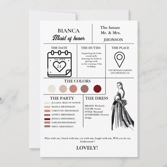 Cartão de informação de Madrinha de casamento mode (Frente)