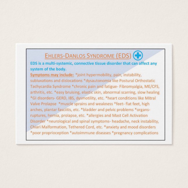 Cartão de informação EDS da síndrome de Ehlers Dan (Frente)