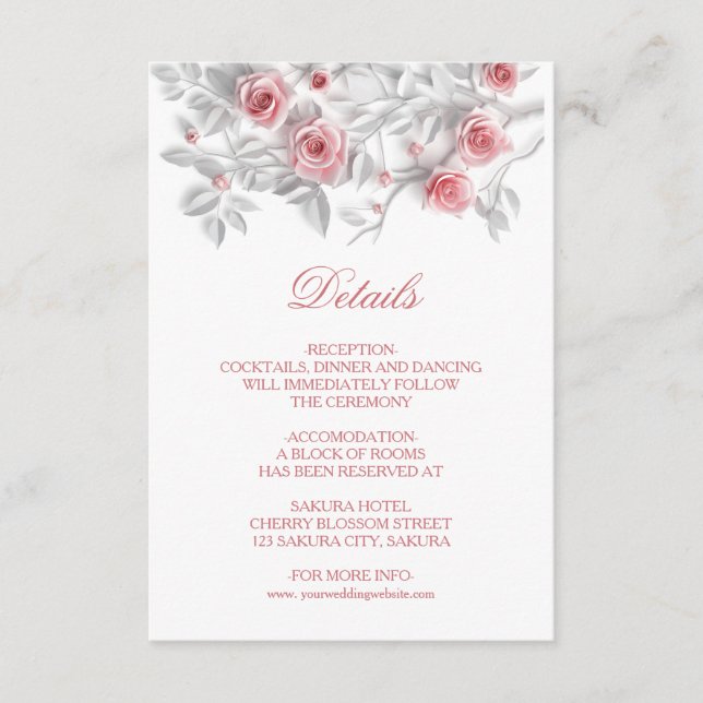 Cartão De Informações 3D Sculptured Pink Roses White (Frente)