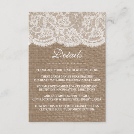 Cartão De Informações A Coleção de Casamentos Burlap & Lace