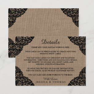 Cartão De Informações A Coleção de Noivas com Renda Preta em Burel Rústi