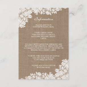 Cartão De Informações A Coleção Rústica de Lace Branco de Burlap & Vinta