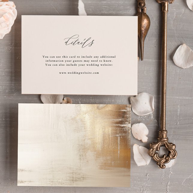 Cartão De Informações Abstrato ouro | Pormenores sobre Casamentos Elegan (An elegant, neutral ivory beige wedding details insert card with a glamorous abstract gold back)