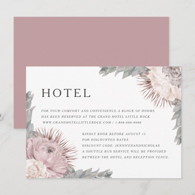 Cartão De Informações Acomodações de Casamento com Flores Secas Rosas (Frente/Verso)