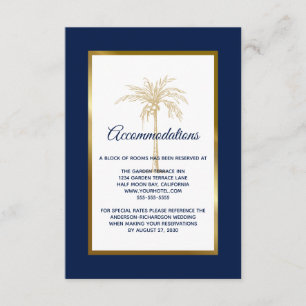 Cartão De Informações Acomodações de Casamento Elegantes Navy Gold Palm