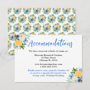 Cartão De Informações Acomodações de Casamento Floral Azul e Amarelo