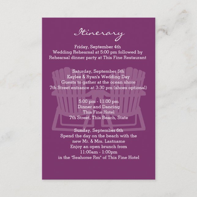 Cartão De Informações Adirondack Chairs Plum Intinerary (Frente)