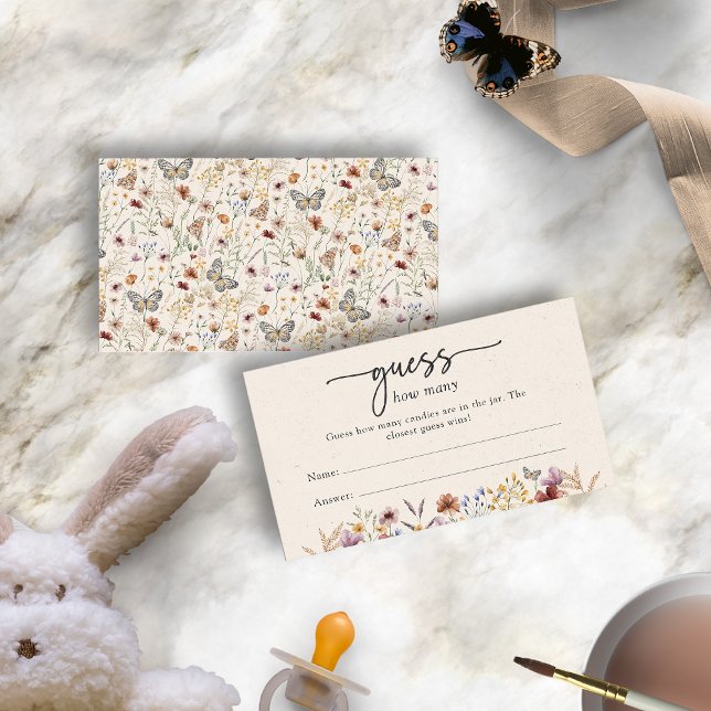 Cartão De Informações Adivinhem Quantas Cartas De Jogo (Boho Wildflowers and Butterflies Guess How Many Game Card by Painted Paperie
)