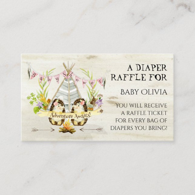 Cartão De Informações Adventure Pink Girl Hedgehog Teepee Fralda Raffle (Frente)