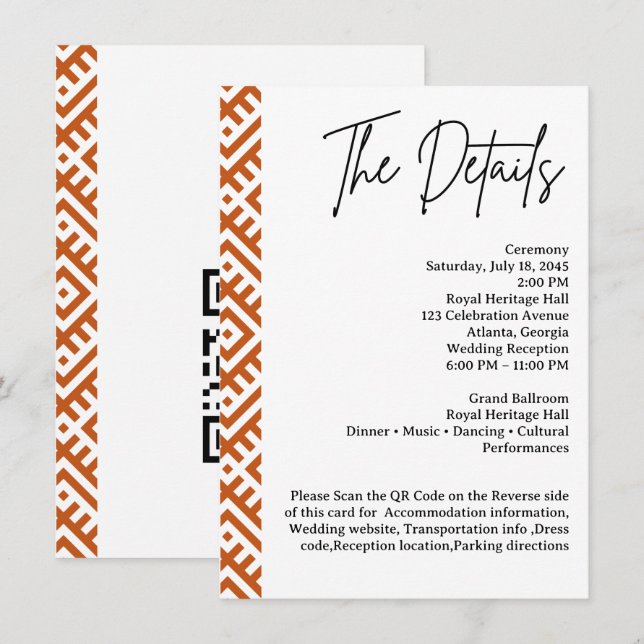 Cartão De Informações African Ethnic Pattern Border QR  Wedding Detail (Frente/Verso)