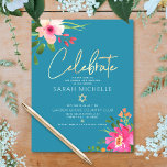 Cartão De Informações Água Azul Bat Mitzvah Floral Dourado Script<br><div class="desc">Sinta-se orgulhosa, regozije e mostre esse marco da sua Bat Mitzvah favorita! Inclua este inserto moderno, cintilante e personalizado para informações adicionais ao seu evento. Uma deslumbrante aquarela floral rosa e pêssego com tipografia de escrita em falso dourado e tipo sans serif branco moderno sobre um fundo azul turquesa empoeirado....</div>