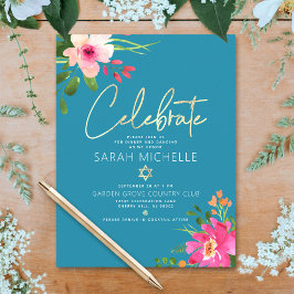 Cartão De Informações Água Azul Bat Mitzvah Floral Dourado Script