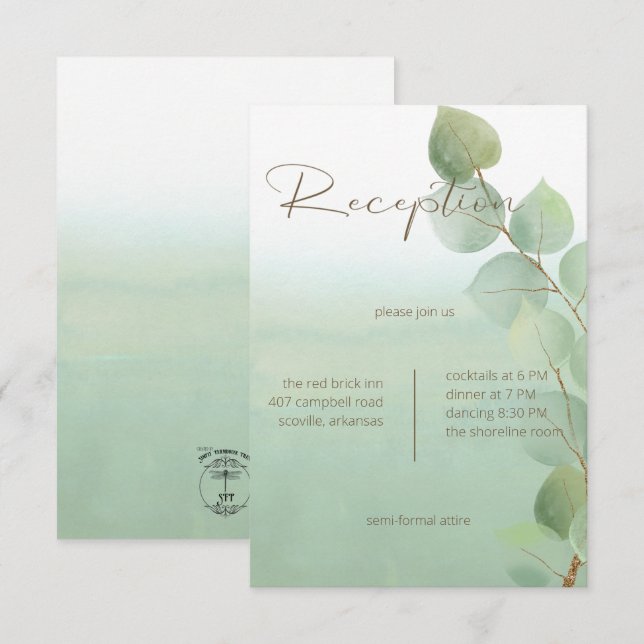Cartão De Informações Água Verde Lavagem de Aquarela Eucalipto Recepção (Frente/Verso)