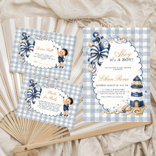 Cartão De Informações Ahoy É um Menino Sorteio de Fraldas de Gingham Náu