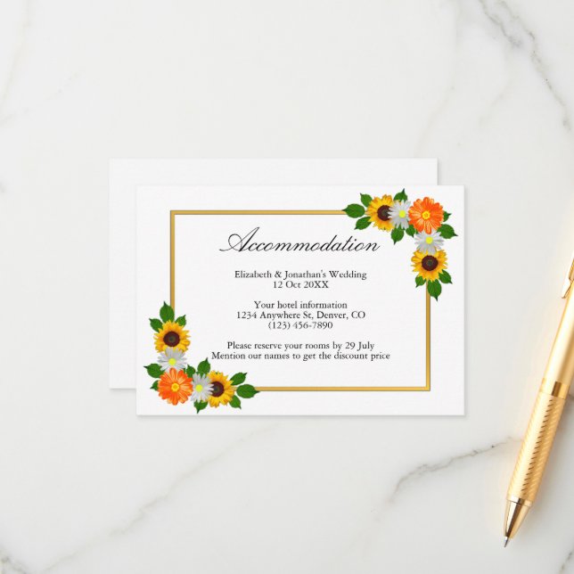 Cartão De Informações Alojamento de Casamento de Frame Dourado Floral (Frente/Verso In Situ)
