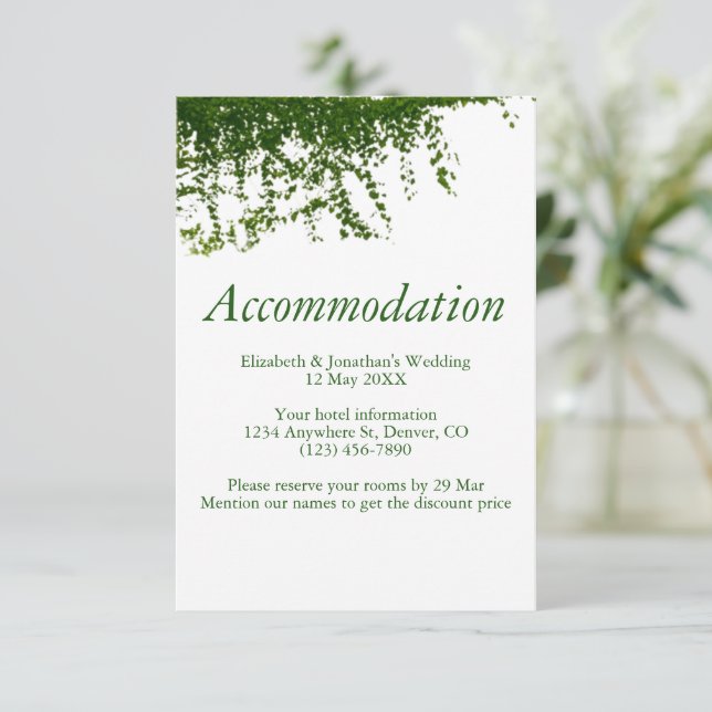 Cartão De Informações Alojamento de Casamento de Ivy Greenery (Em pé/Frente)