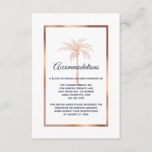 Cartão De Informações Alojamento de Casamento Navy Rose Gold Palmeira