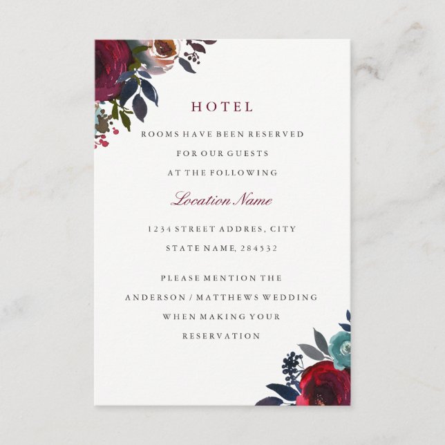Cartão De Informações Alojamento do Hotel Burgundy Red Floral Wedding (Frente)