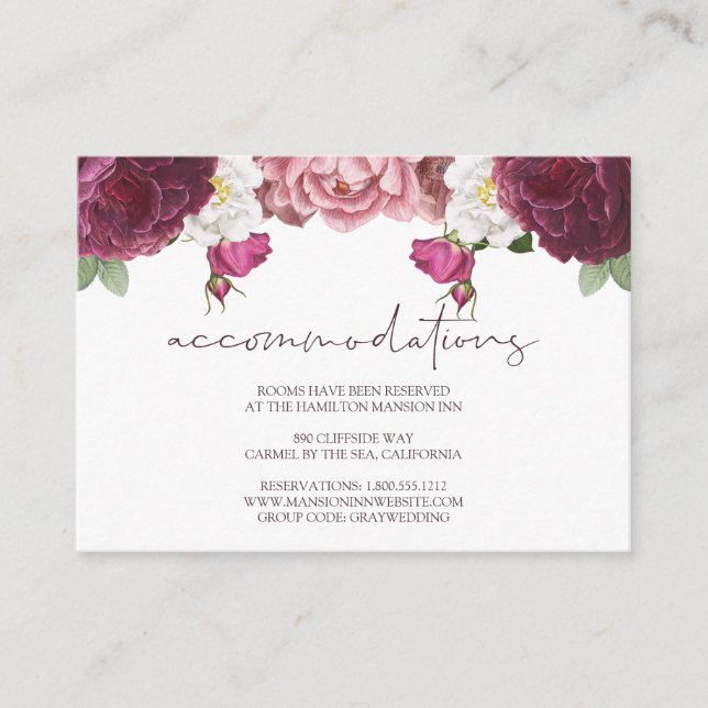 Cartão De Informações Alojamento Do Hotel Floral Burgundy (Frente)