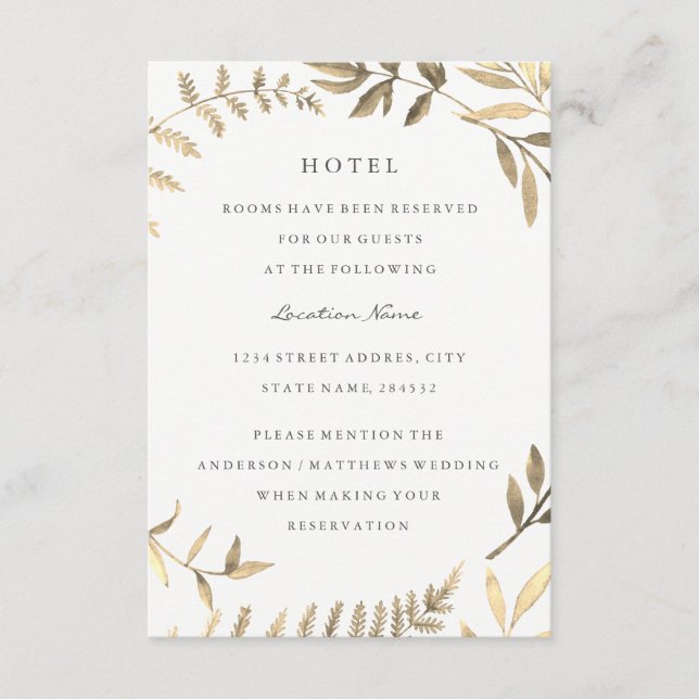 Cartão De Informações Alojamento moderno Dourado do Hotel Leaf Wedding (Frente)