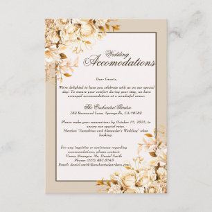 Cartão De Informações Alojamentos de Casamento Floral Elegante Dourado e