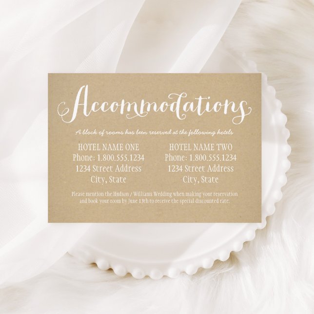 Cartão De Informações Alojamentos De Casamento Rustic Kraft White Script (Criador carregado)