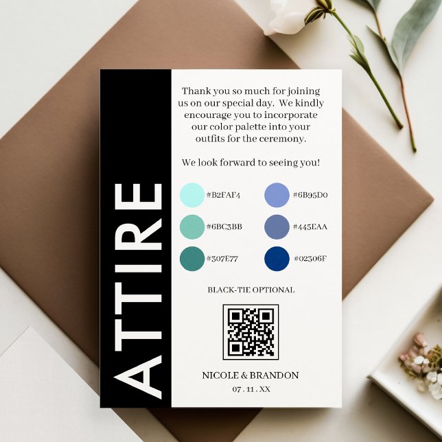 Cartão De Informações Amostra de Casamento de Código QR de Faixa Lateral (Black & White Side Stripe QR Code Wedding Attire Enclosure Card)