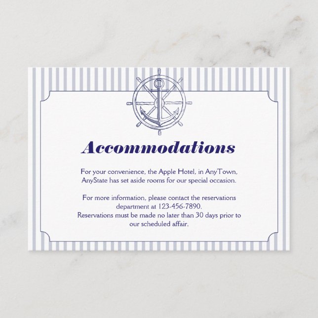 Cartão De Informações Âncora Náutica na Cinza Stripe Casamento Inserir (Frente)