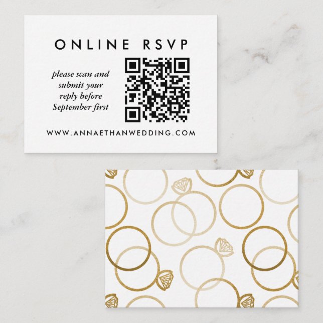 Cartão De Informações Anéis de Noiva Modernos em Ouro com QR Code RSVP O (Frente/Verso)