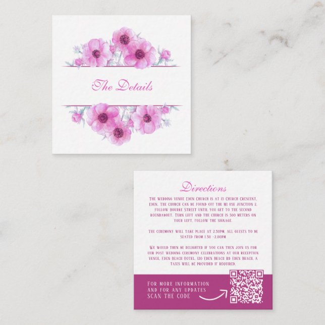 Cartão De Informações Anemone rosa detalhes do casamento floral QR (Frente/Verso)